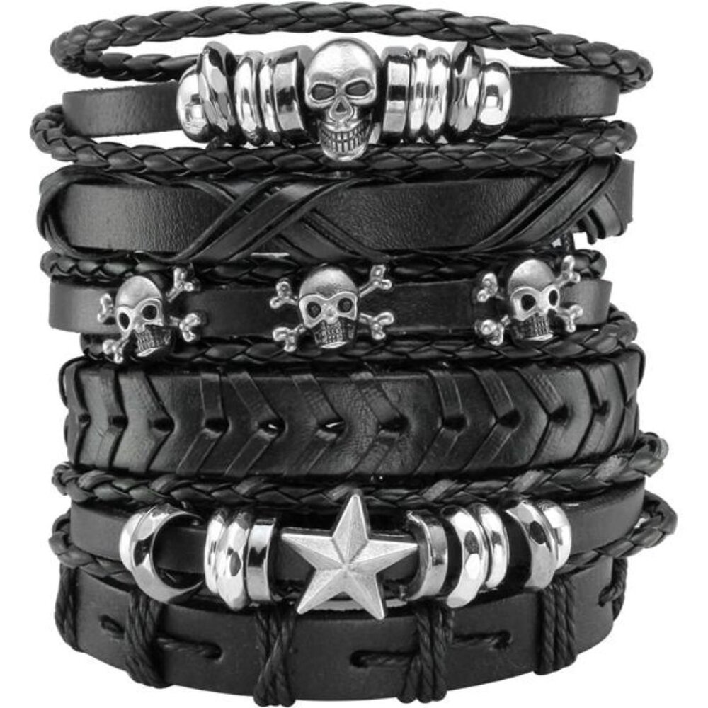 6 Pcs Leather Bracelets Braided Wristband Skull Punk Rock Jewelry Women Men Gift